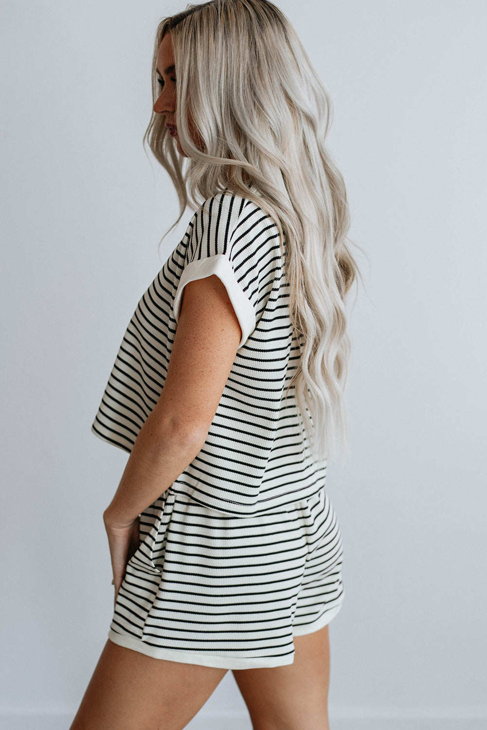 White Striped Tee and Short Set