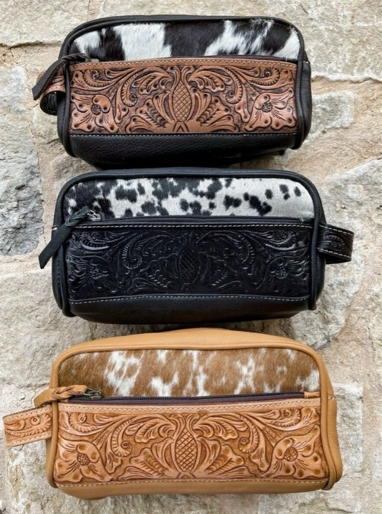 Cowhide | Tooled Leather Toiletry Makeup Shaving Travel Bag