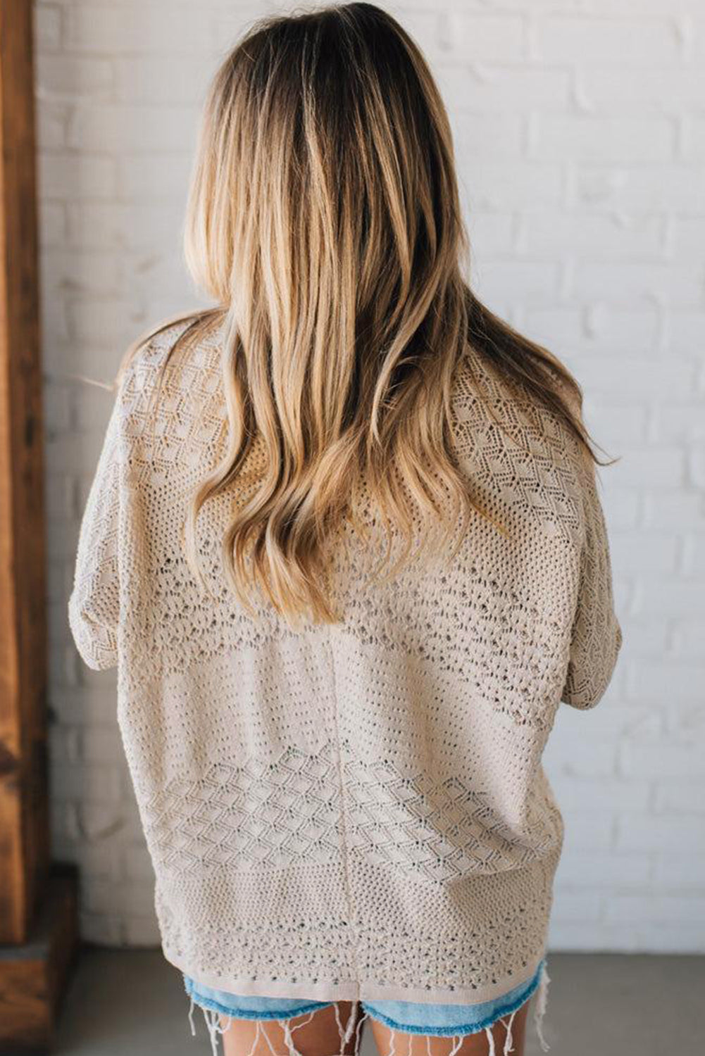 Redwood Burl Mix Pattern Hollowed Knit Open Front Cardigan