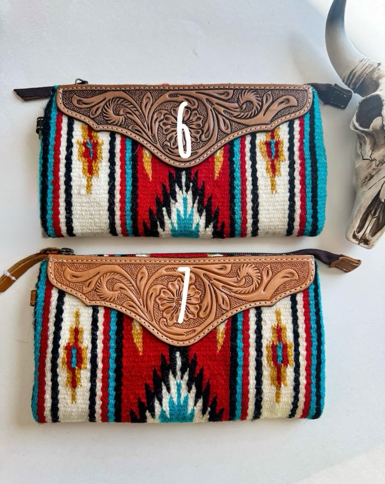 Western Aztec Fabric Tooled Leather Wristlet