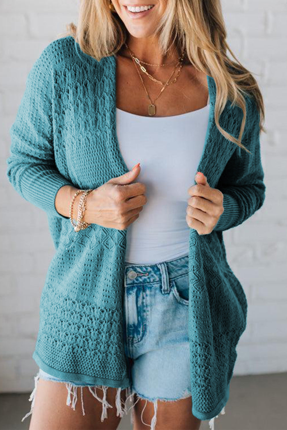 Redwood Burl Mix Pattern Hollowed Knit Open Front Cardigan