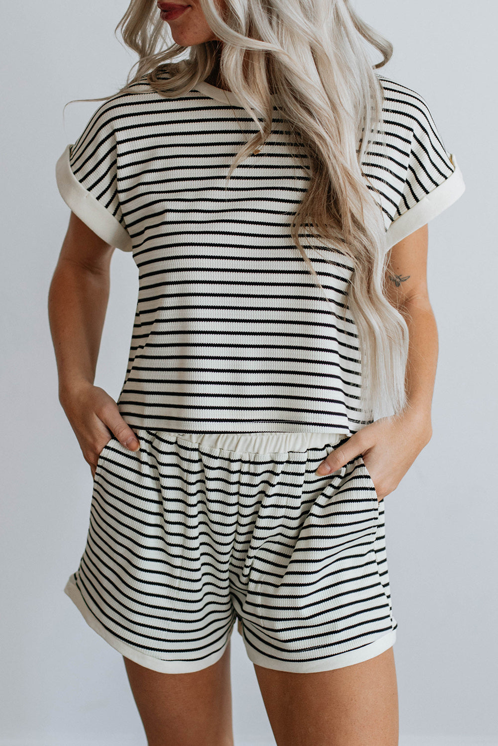 White Striped Tee and Short Set