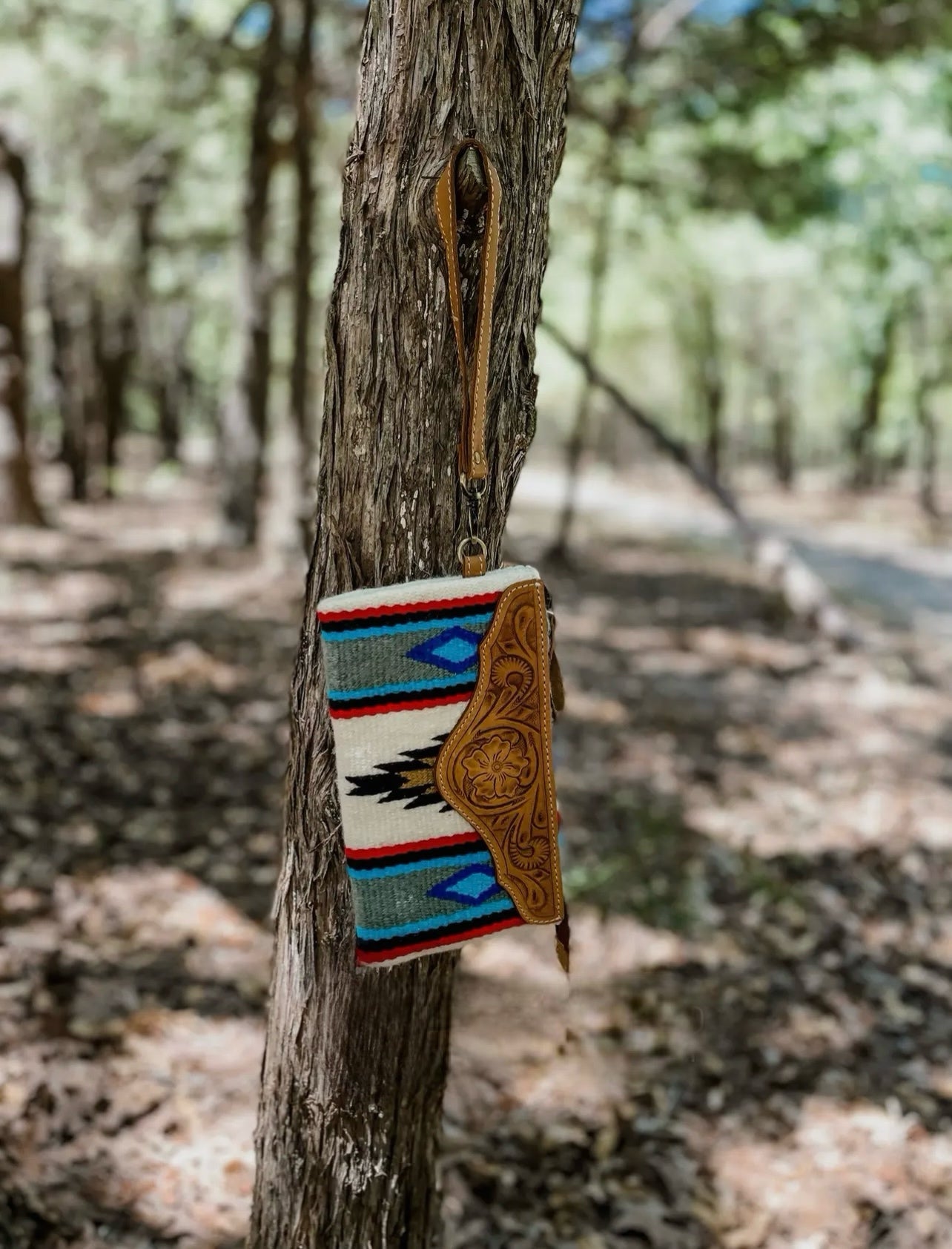 Western Aztec Fabric Tooled Leather Wristlet