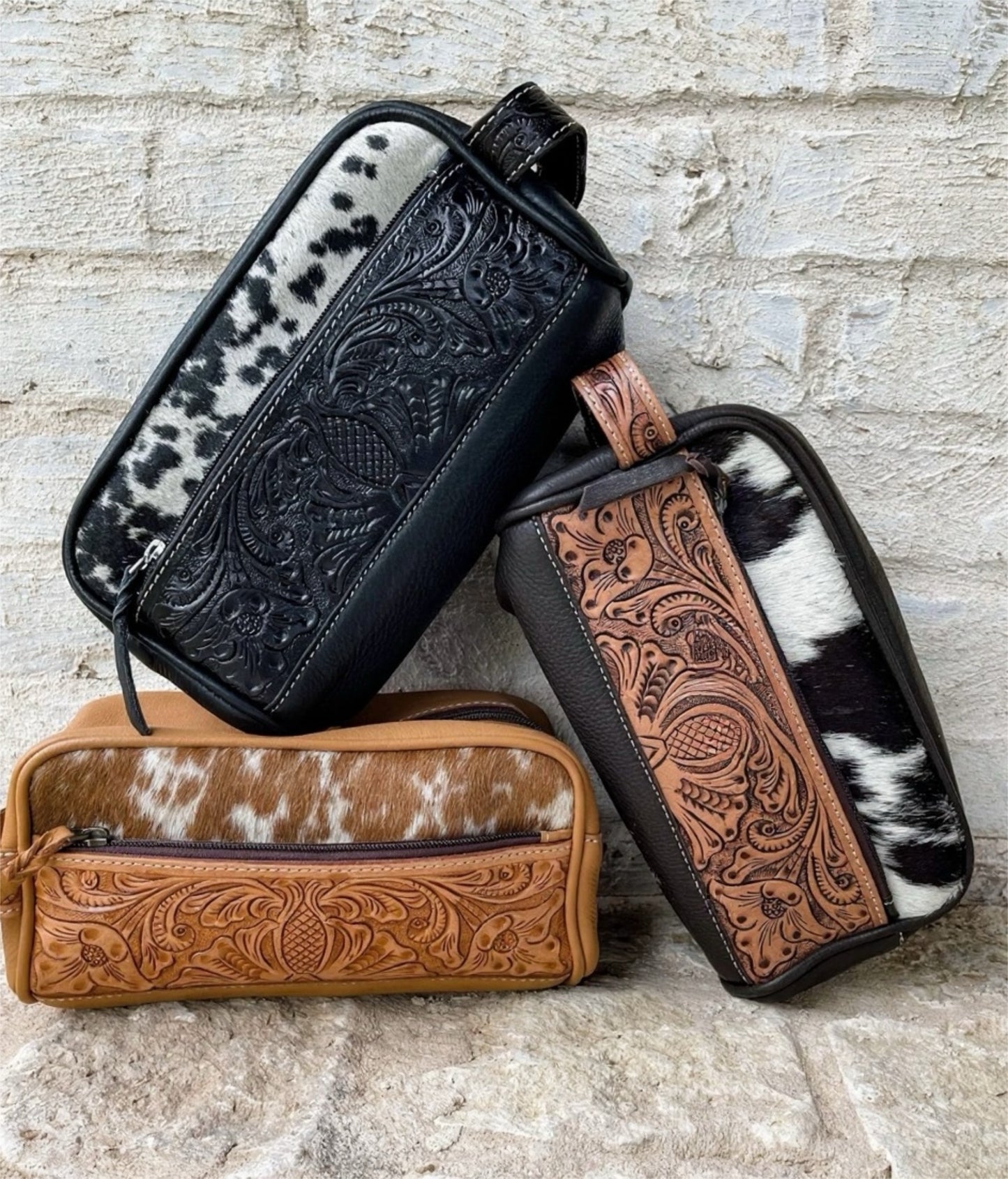 Cowhide | Tooled Leather Toiletry Makeup Shaving Travel Bag