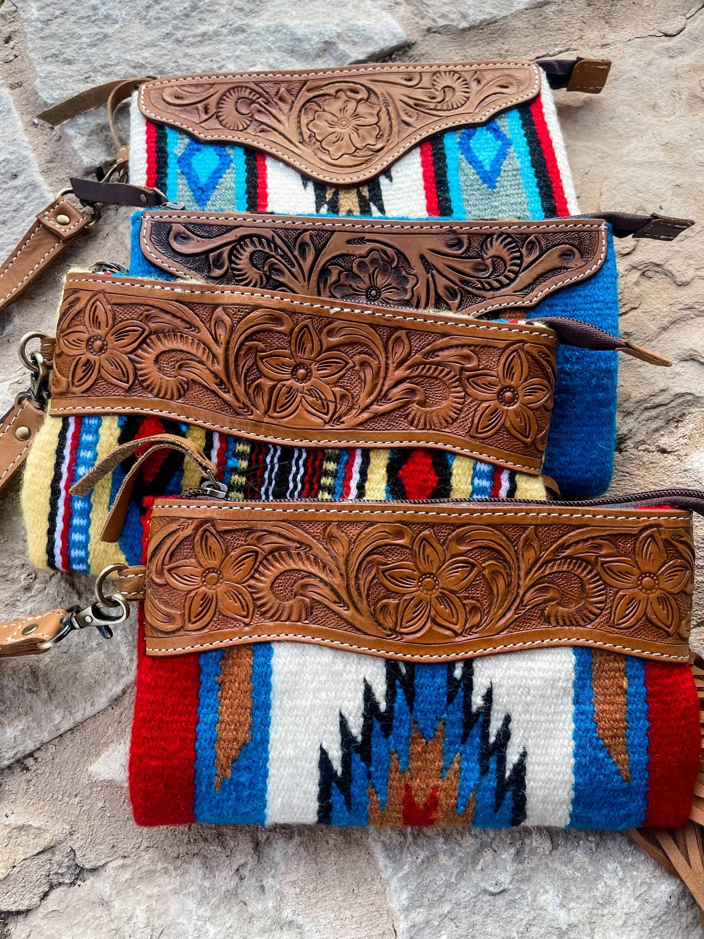 Western Aztec Fabric Tooled Leather Wristlet