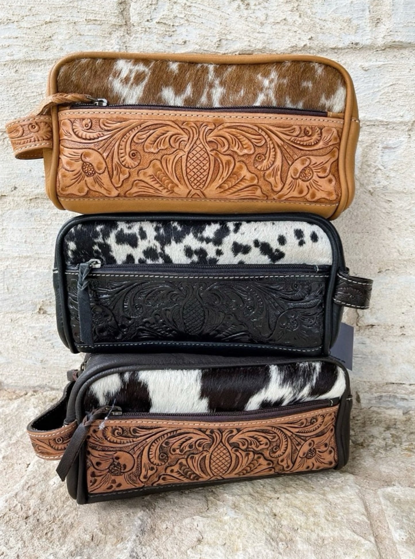 Cowhide | Tooled Leather Toiletry Makeup Shaving Travel Bag