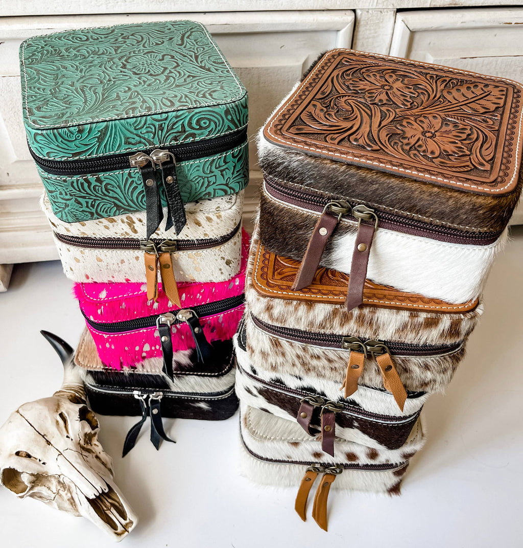Western Cowhide Leather Jewelry Box - travel storage