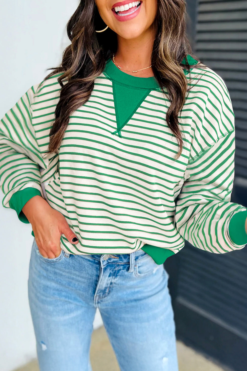 Bright Green Striped Exposed Seam Patchwork Loose Pullover Top