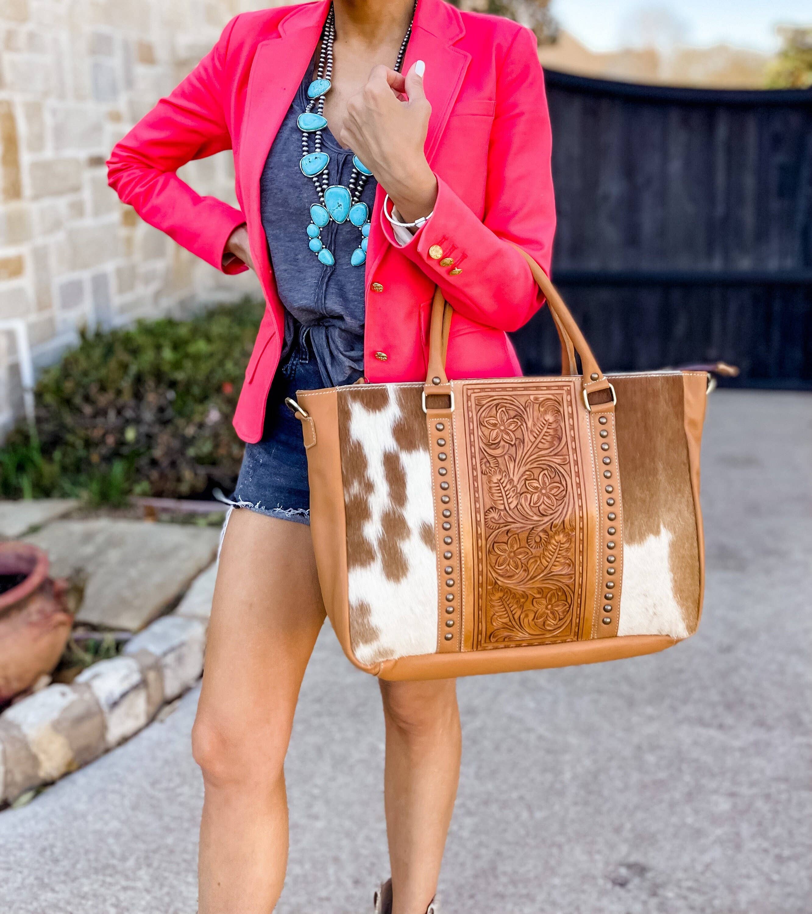 Hand Tooled Leather Cowhide Western Purse Tote Work Bag