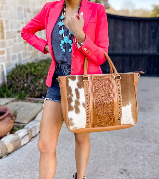 Hand Tooled Leather Cowhide Western Purse Tote Work Bag