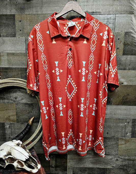 Rust Brown Aztec men's Western Polo Shirt