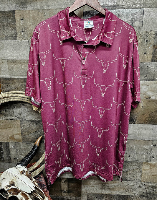 Burgandy Longhorn Men's Western Polo Shirt