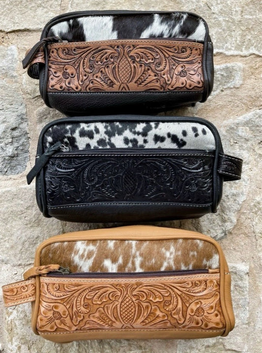 Cowhide | Tooled Leather Toiletry Makeup Shaving Travel Bag