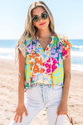 Multicolour Leopard Flutter Sleeve V Neck Crinkled Blouse