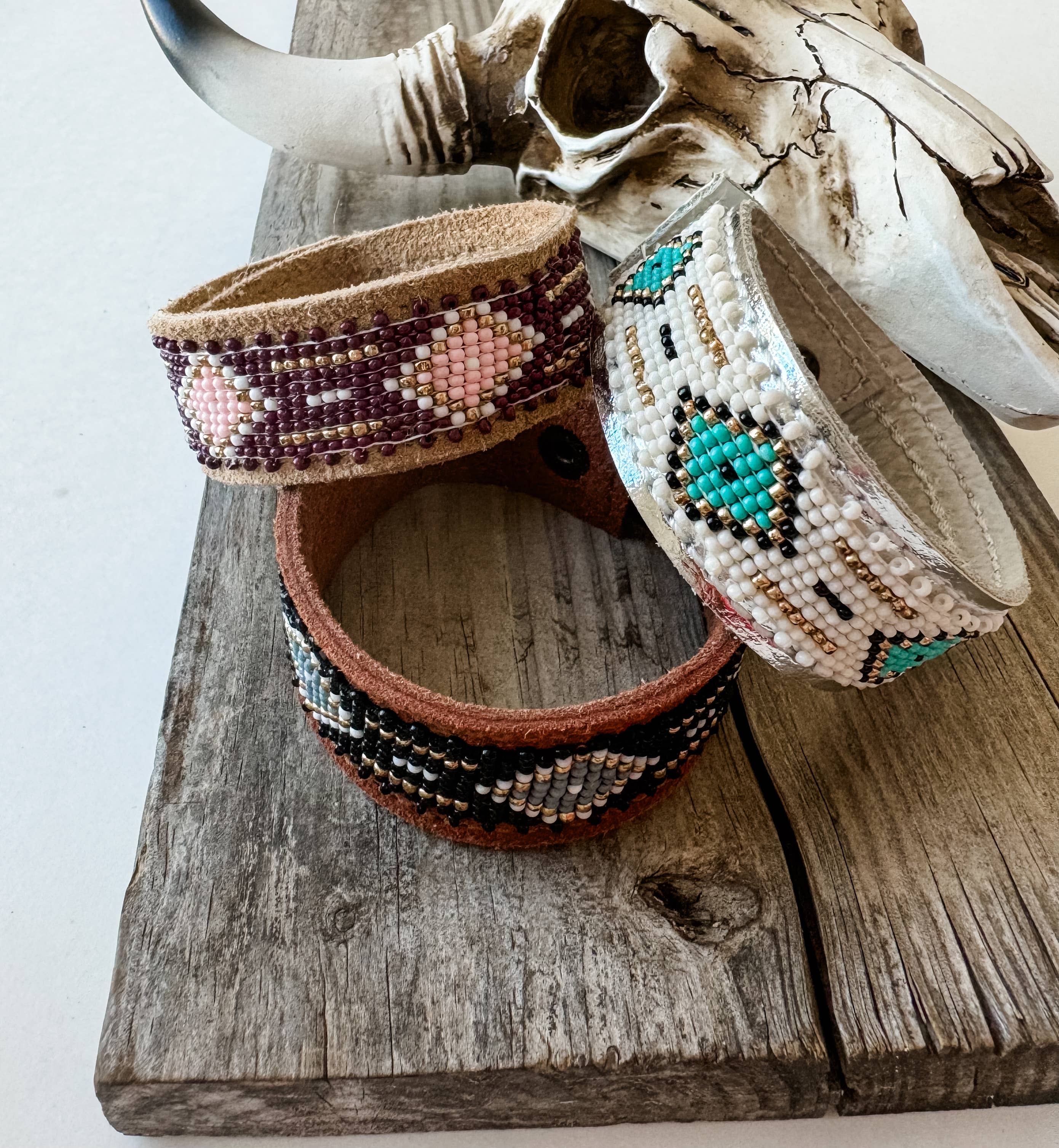Western Aztec Pattern Seed Bead Leather Cuff Bracelet