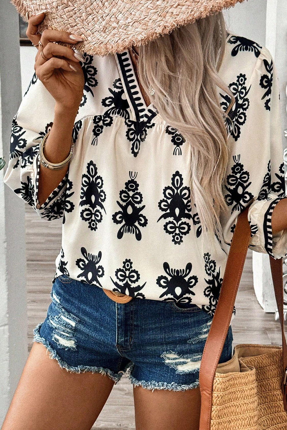 Black Vintage Geometric Printed 3/4 Sleeve V Neck Blouse