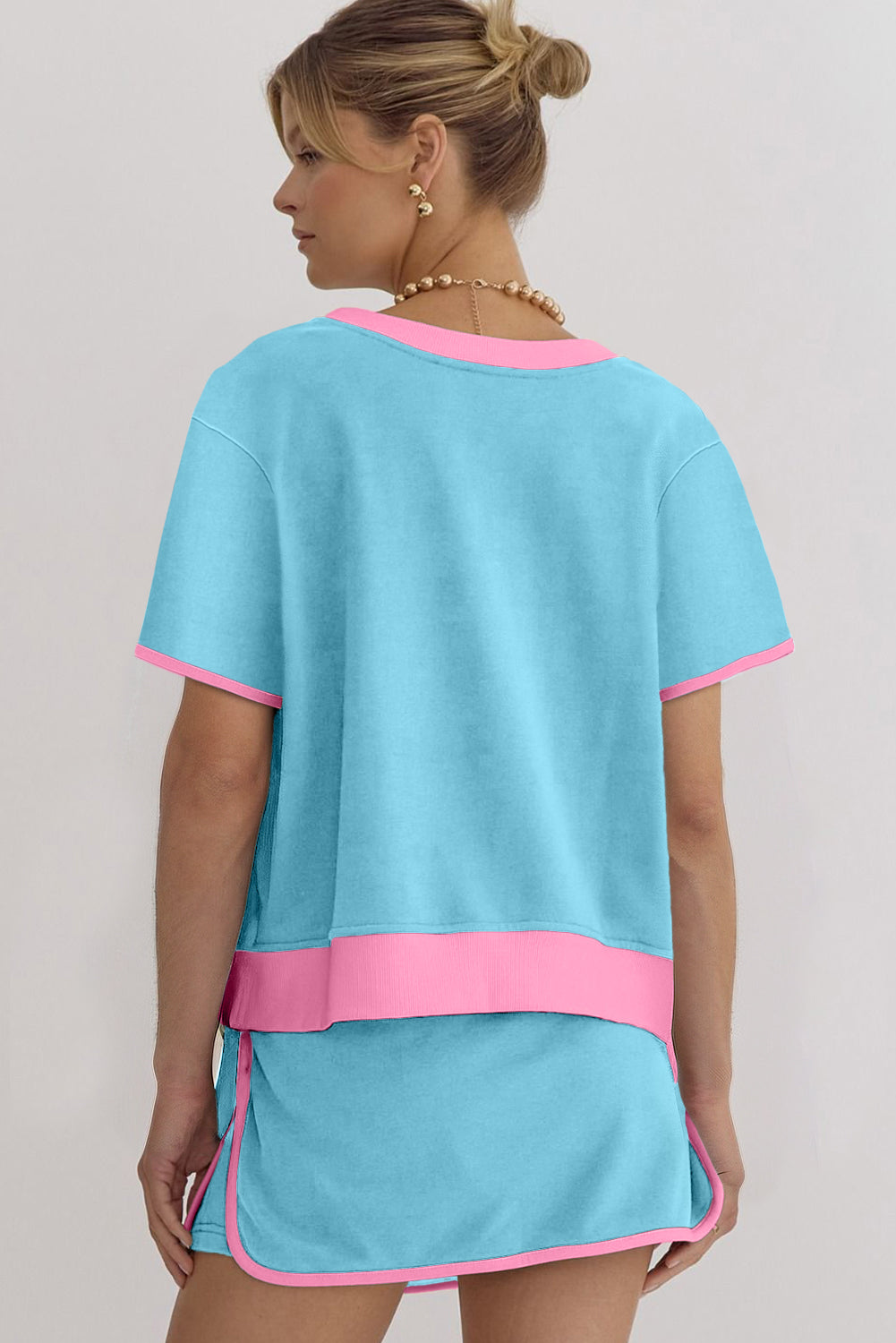 Bonbon Colorblock Edge Drop Shoulder T Shirt and Skort 2Pcs Set