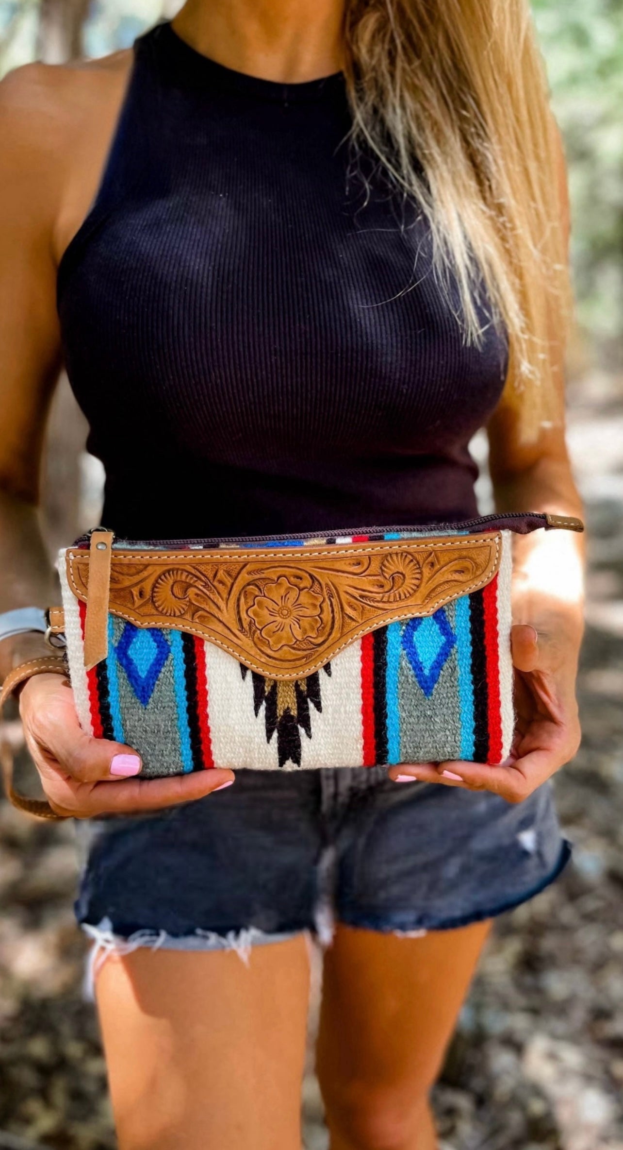 Western Aztec Fabric Tooled Leather Wristlet