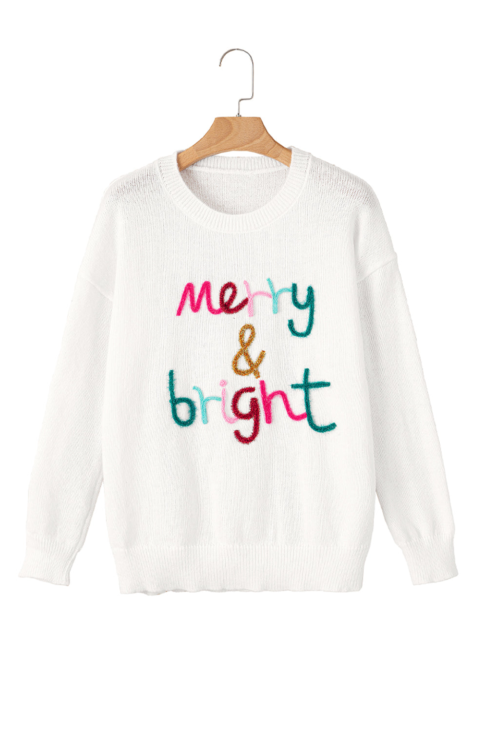 White Glitter Merry & Bright Round Neck Knit Sweater