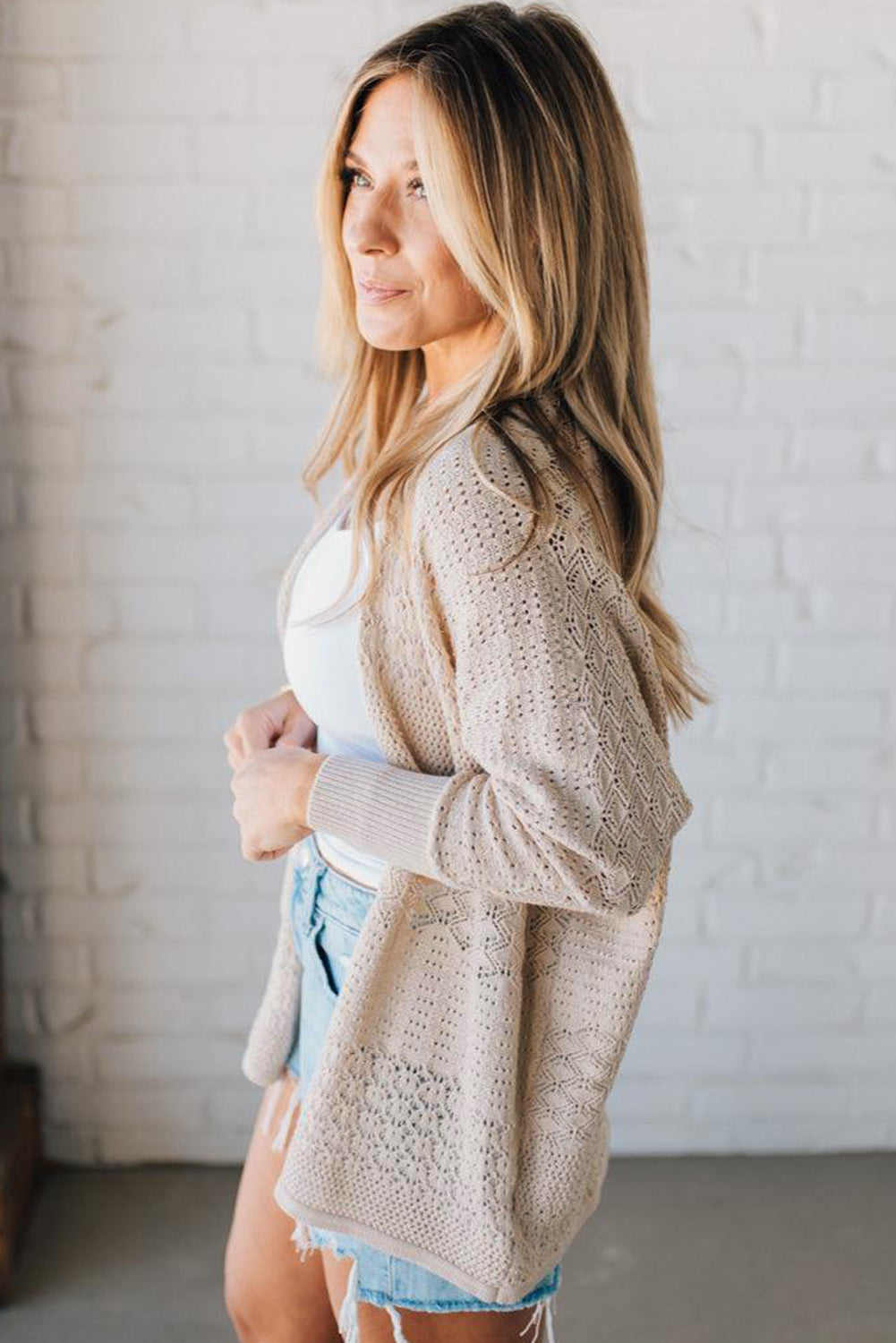 Redwood Burl Mix Pattern Hollowed Knit Open Front Cardigan