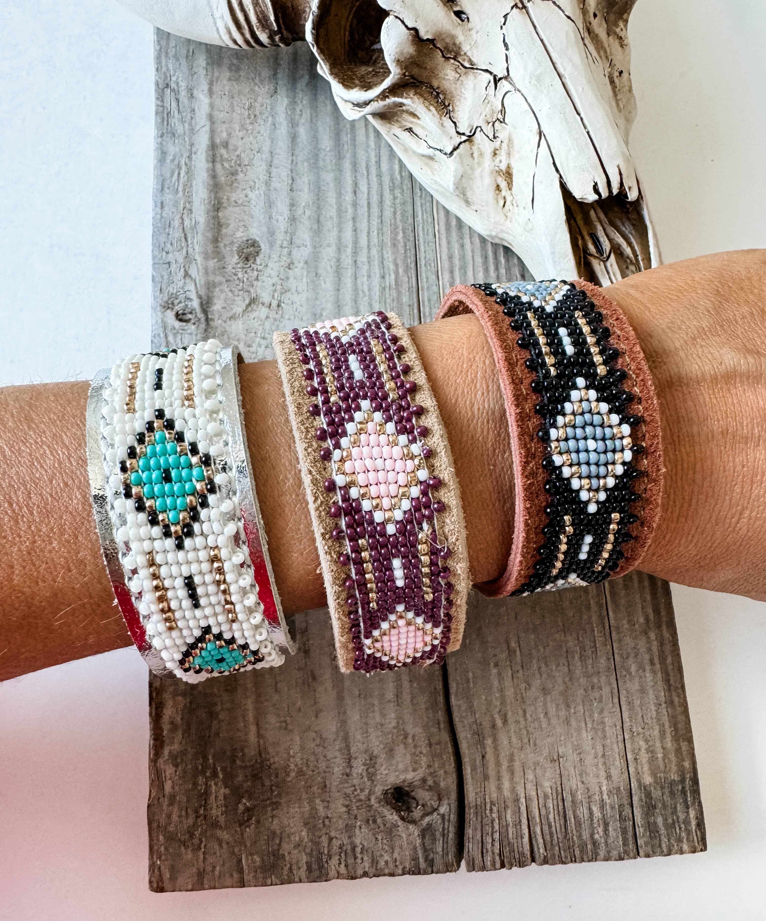 Western Aztec Pattern Seed Bead Leather Cuff Bracelet