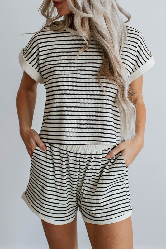 White Striped Tee and Short Set