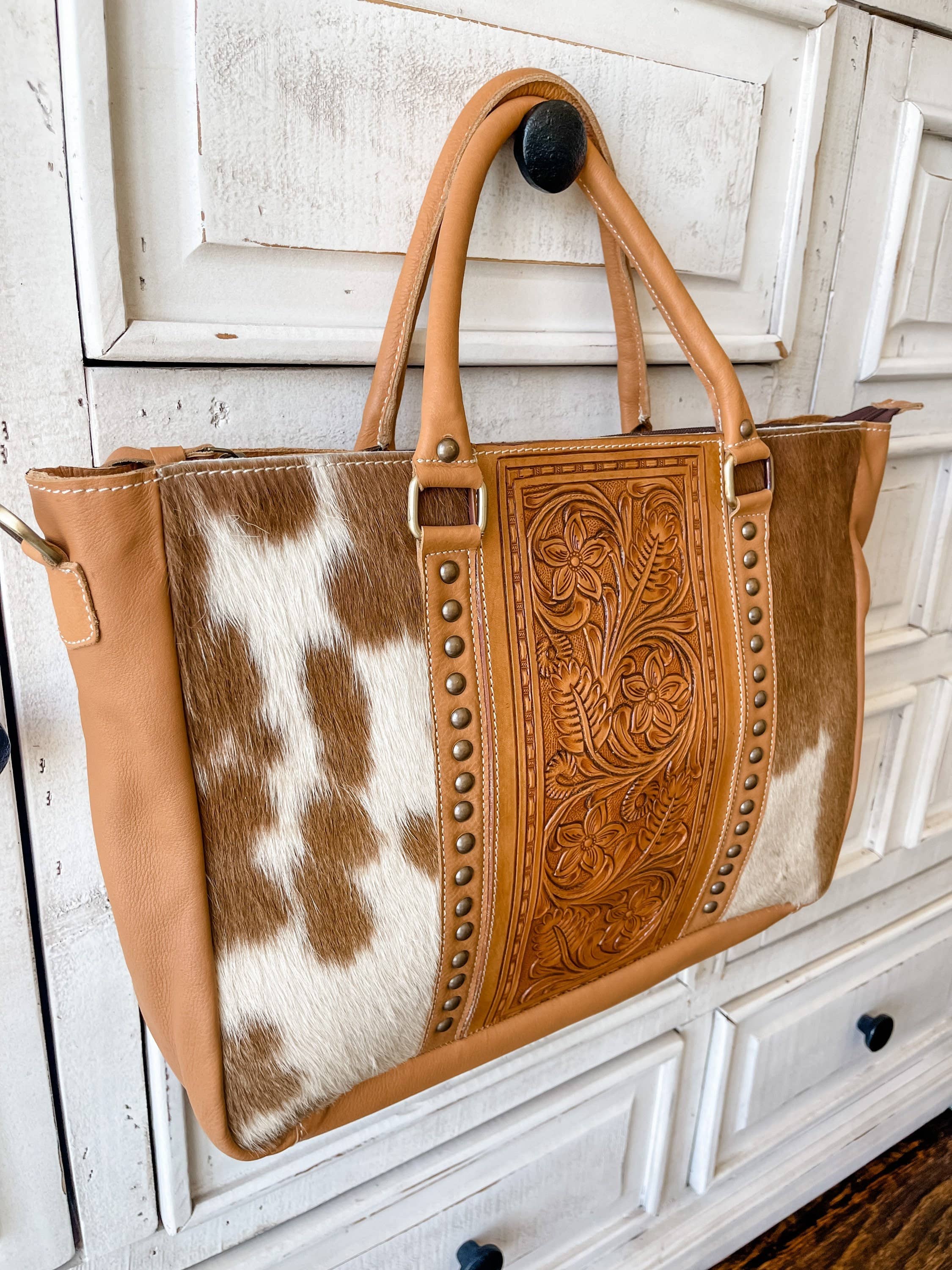Hand Tooled Leather Cowhide Western Purse Tote Work Bag