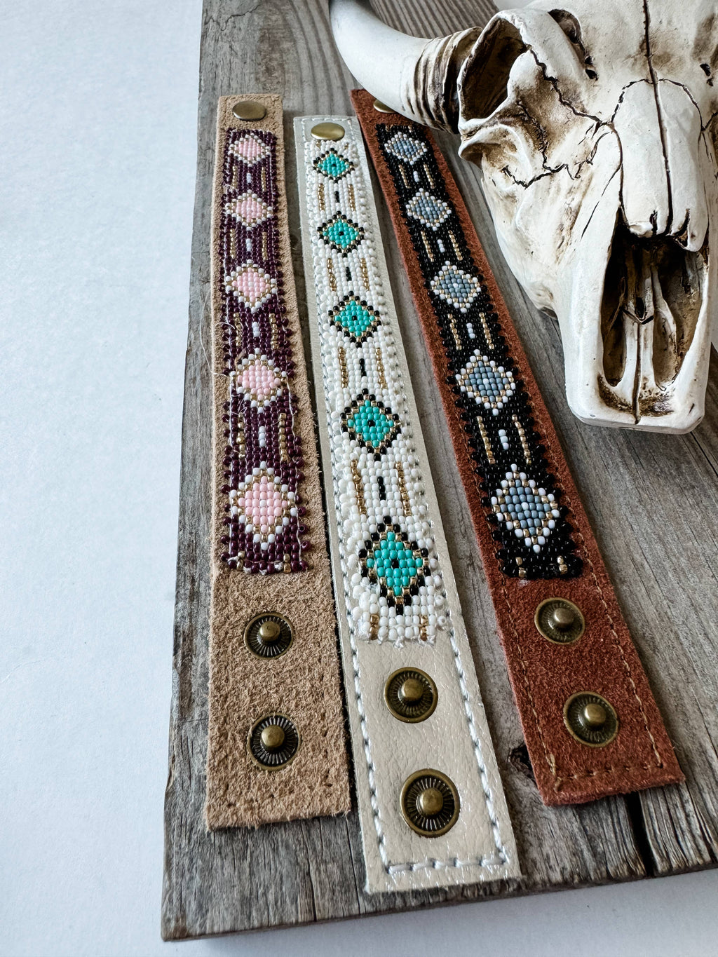 Western Aztec Pattern Seed Bead Leather Cuff Bracelet