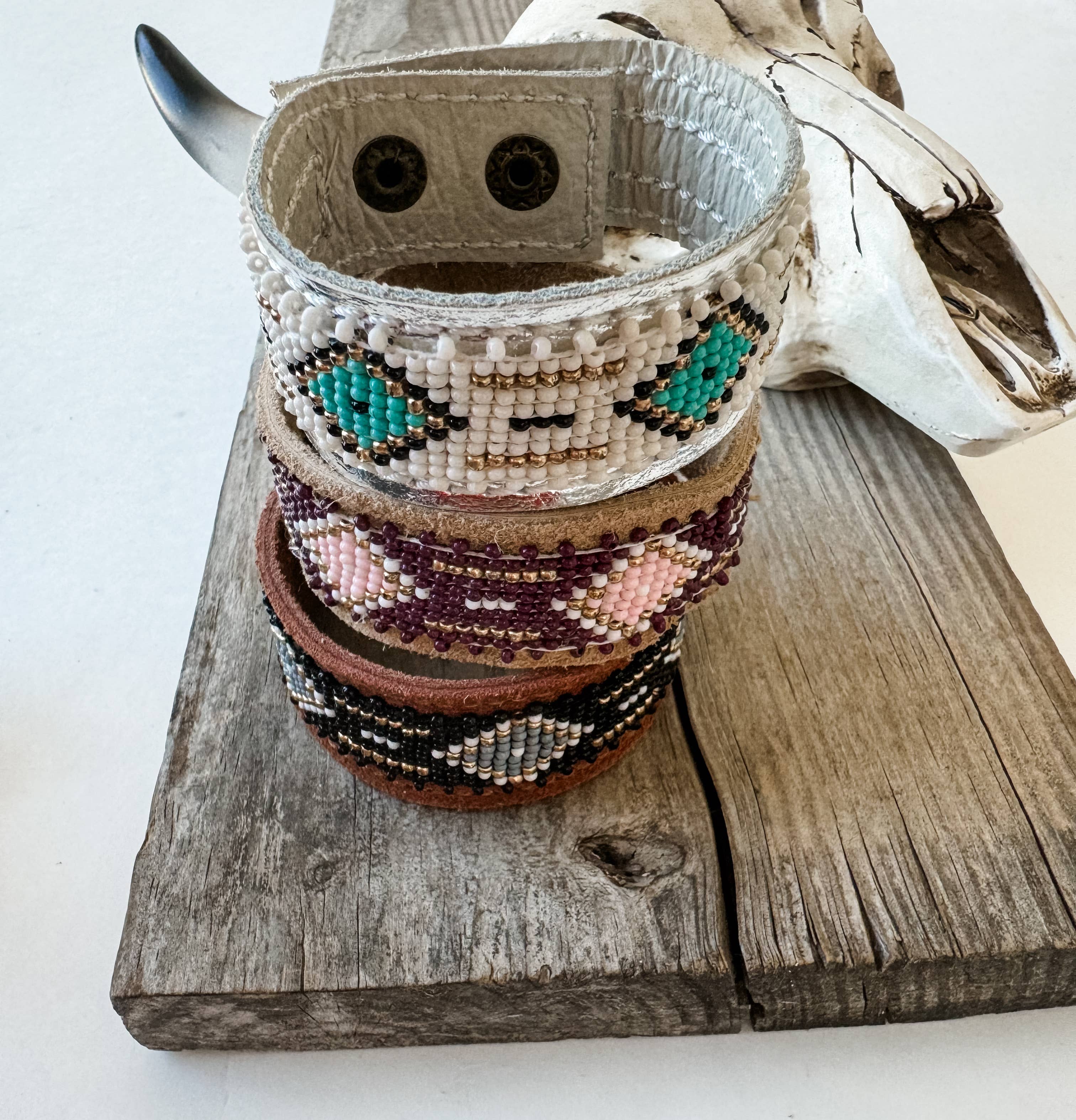 Western Aztec Pattern Seed Bead Leather Cuff Bracelet