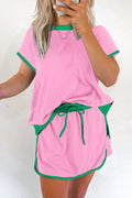 Bonbon Colorblock Edge Drop Shoulder T Shirt and Skort 2Pcs Set