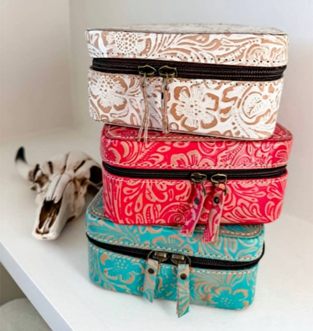 Western Hand Tooled Leather Jewelry Box - travel storage 