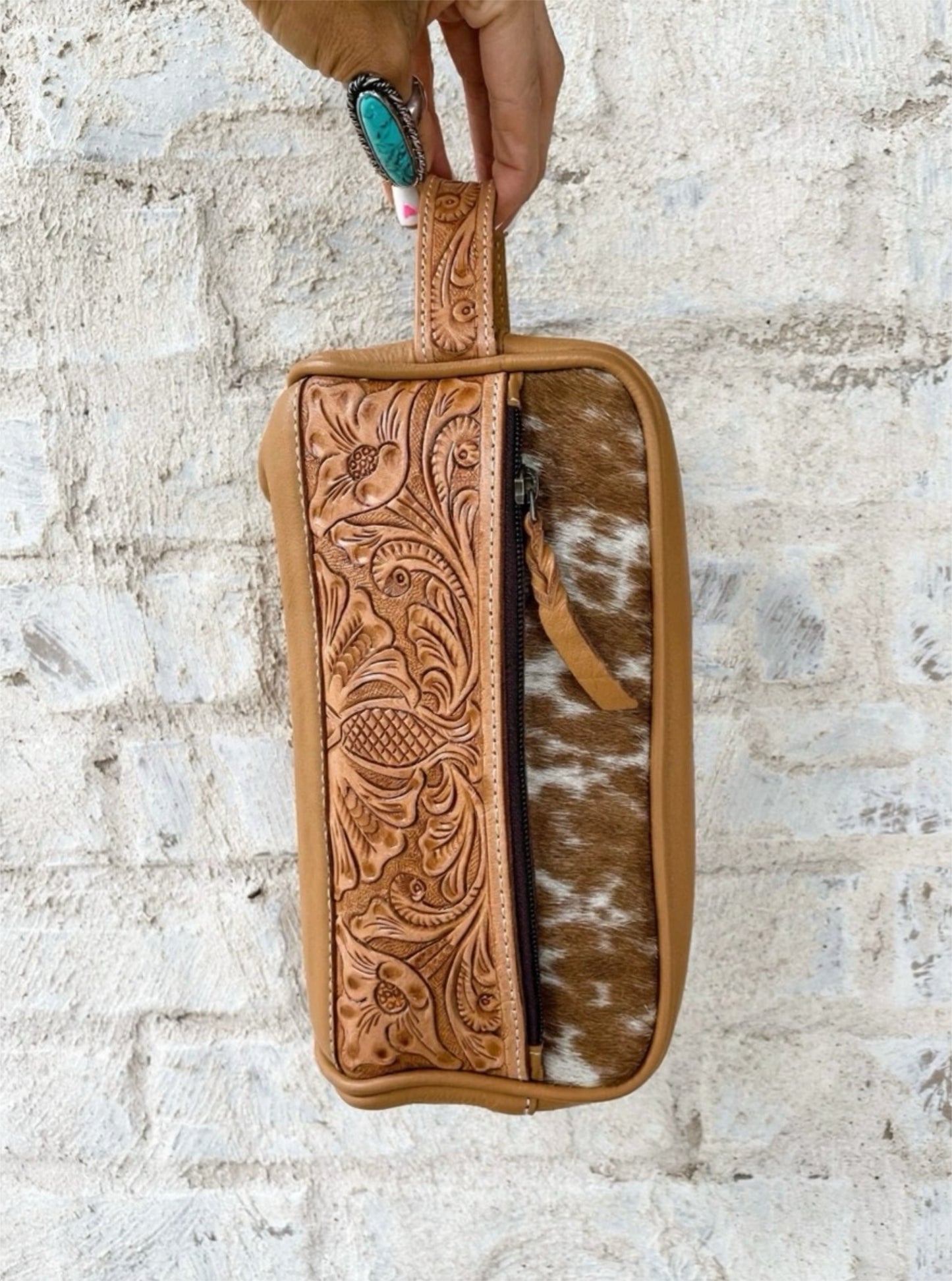 Cowhide | Tooled Leather Toiletry Makeup Shaving Travel Bag