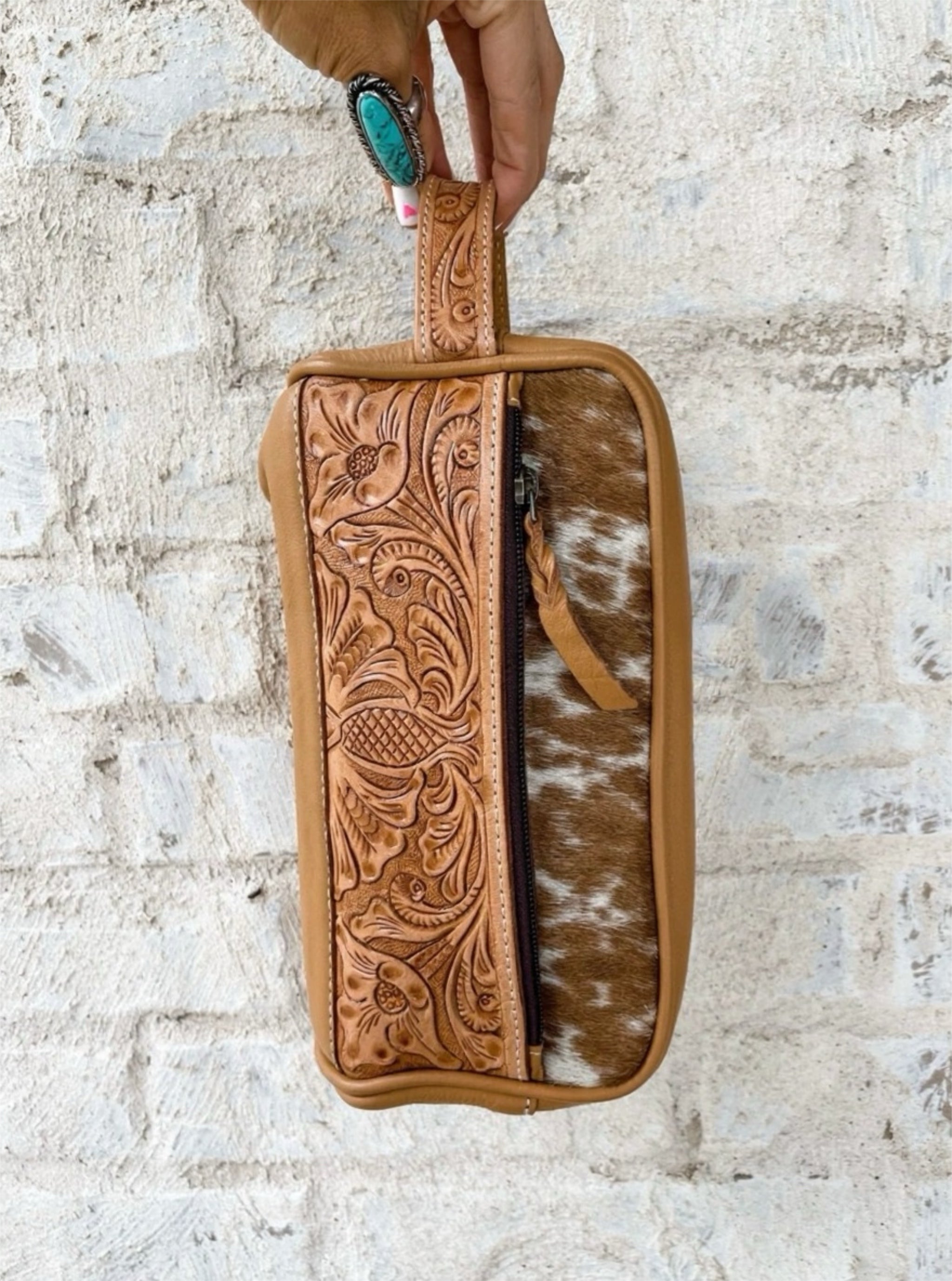 Cowhide | Tooled Leather Toiletry Makeup Shaving Travel Bag
