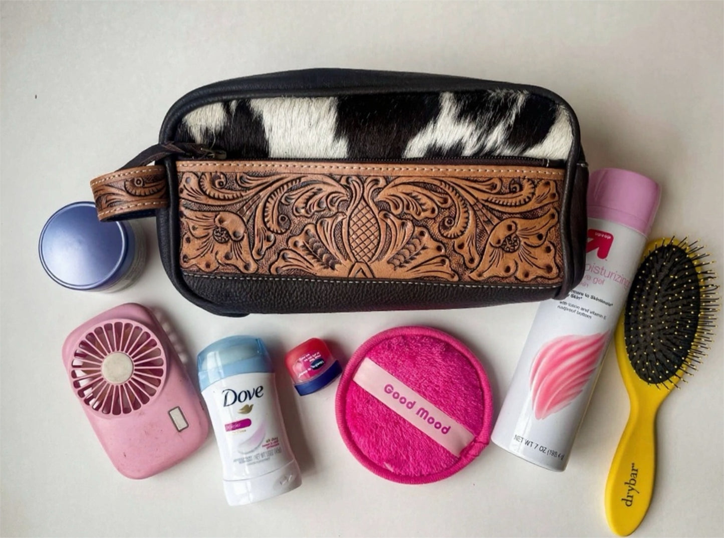 Cowhide | Tooled Leather Toiletry Makeup Shaving Travel Bag