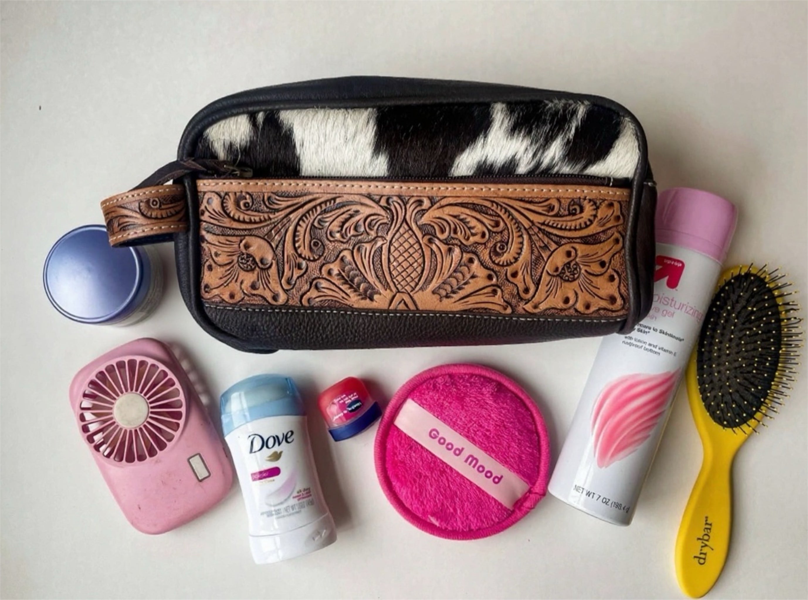 Cowhide | Tooled Leather Toiletry Makeup Shaving Travel Bag