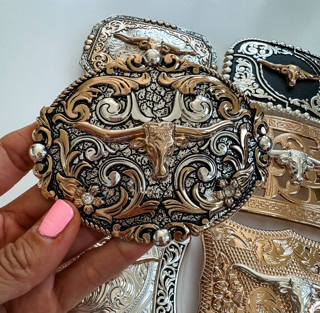 Western Longhorn Steer Belt Buckle – Antique Silver Finish 