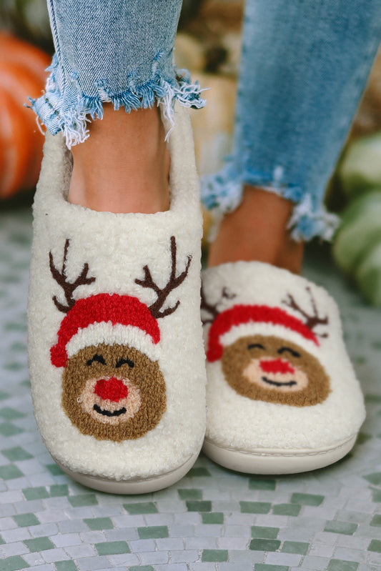 White Christmas Deer Home Indoor Plush Slippers