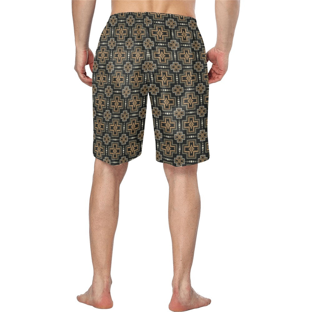 Brown Black Aztec Men's Western Swim Trunk Board Shorts