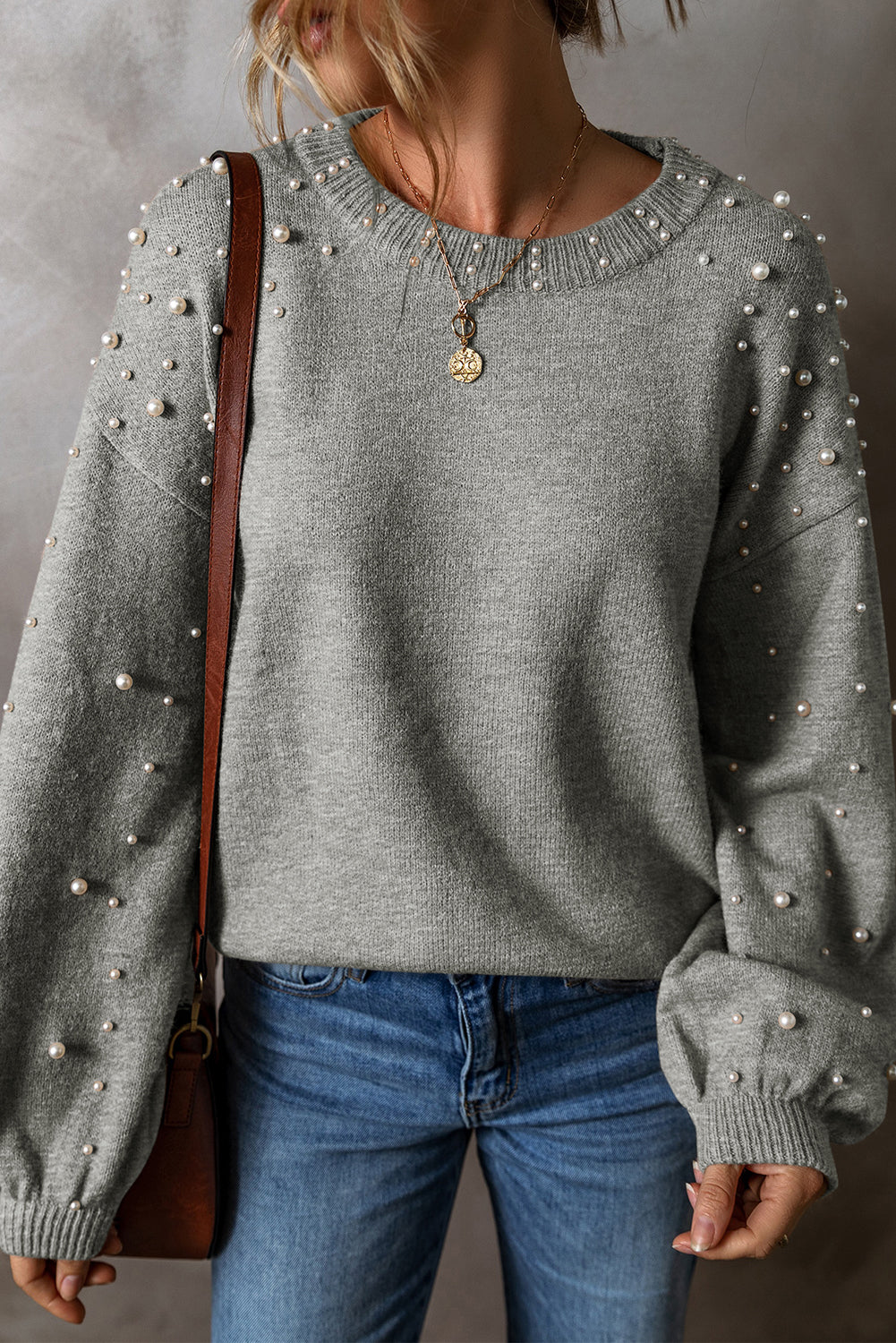 Evergreen Pearled Drop Shoulder Round Neck Sweater