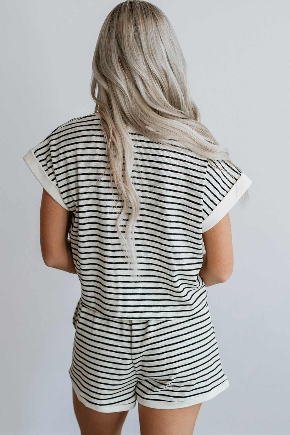 White Striped Tee and Short Set